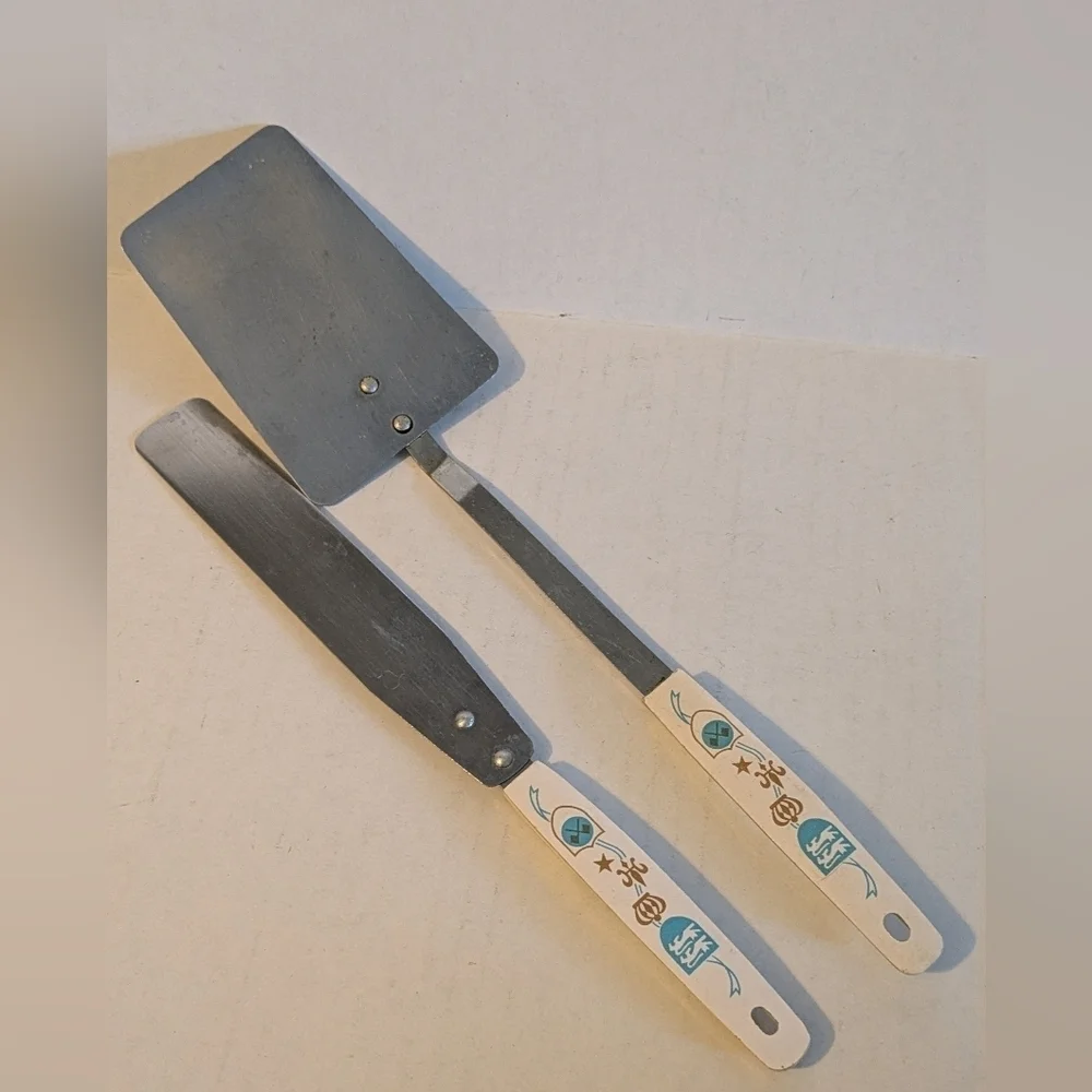 Vintage Enameled Stainless Steel Spatula Set. MCM.